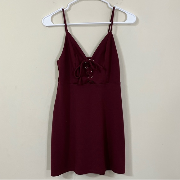 Urban Outfitters Ponte Lace Up Mini Dress in Burgundy - Picture 2 of 8